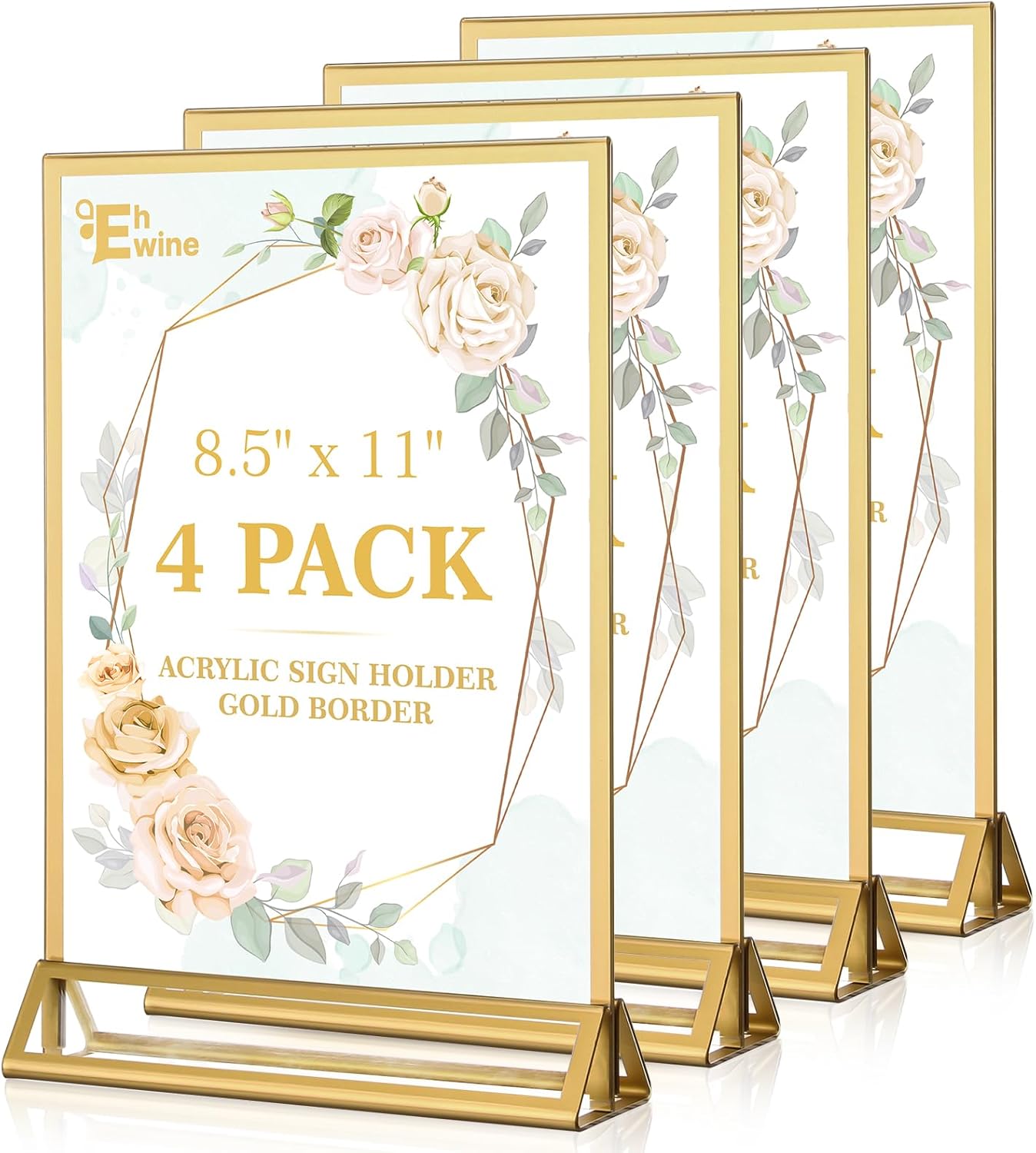 EHWINE 4 Pack Acrylic Sign Holder 8.5 x 11, Double Sided Gold Picture Frame Stand up Table Top Sign Holders, Clear Display Stand Menu Flyer Holder for Wedding Party (Provide Non-slip Mats)