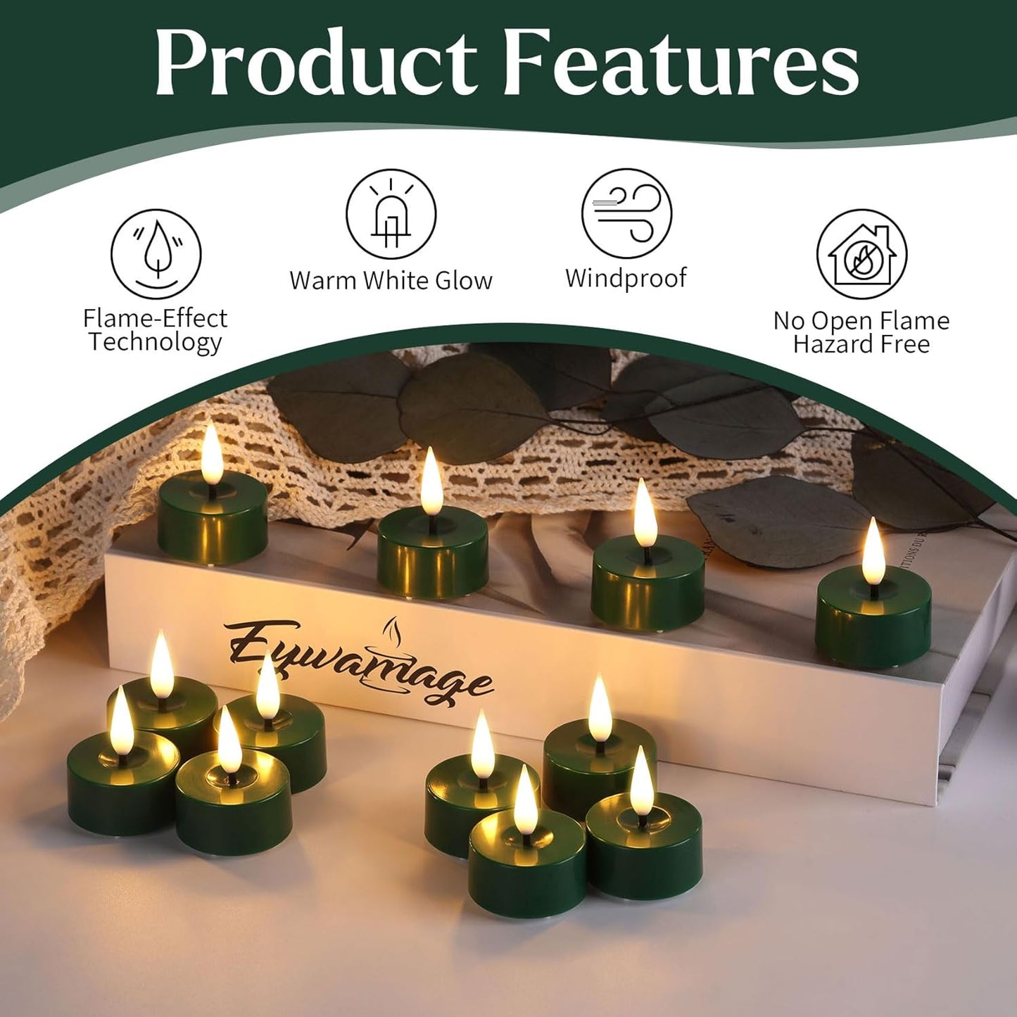 Eywamage Green LED Tealights with Remote Batteries, Flickering Flameless Tea Lights Votive Candles Set of 12