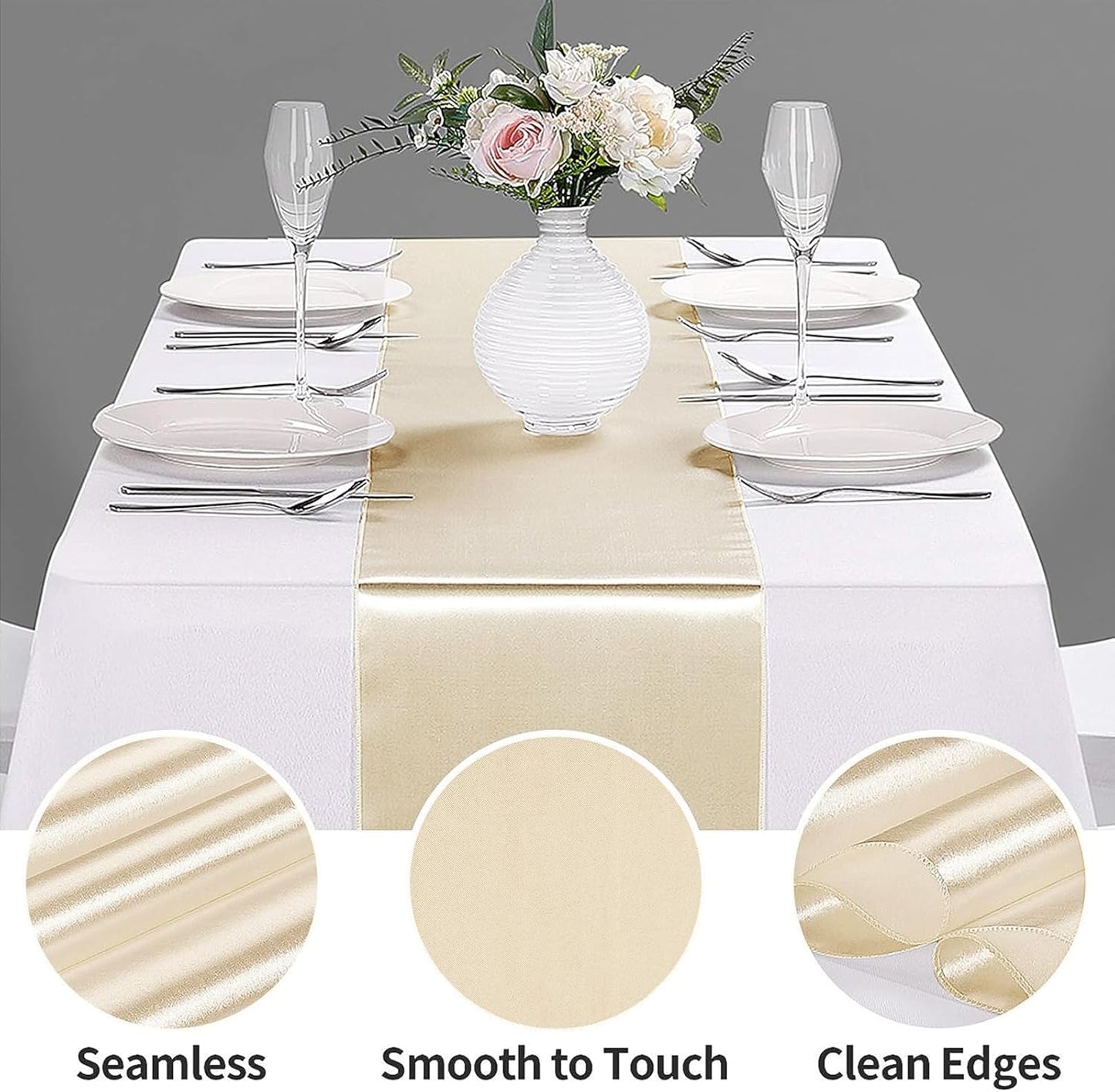 10-Pack Satin Table Runner Champagne 12 x 108 inches Long, Table Runners for Wedding, Birthday Parties, Banquets Decorations（10 Pack, 12x108 Inch, Champagne
