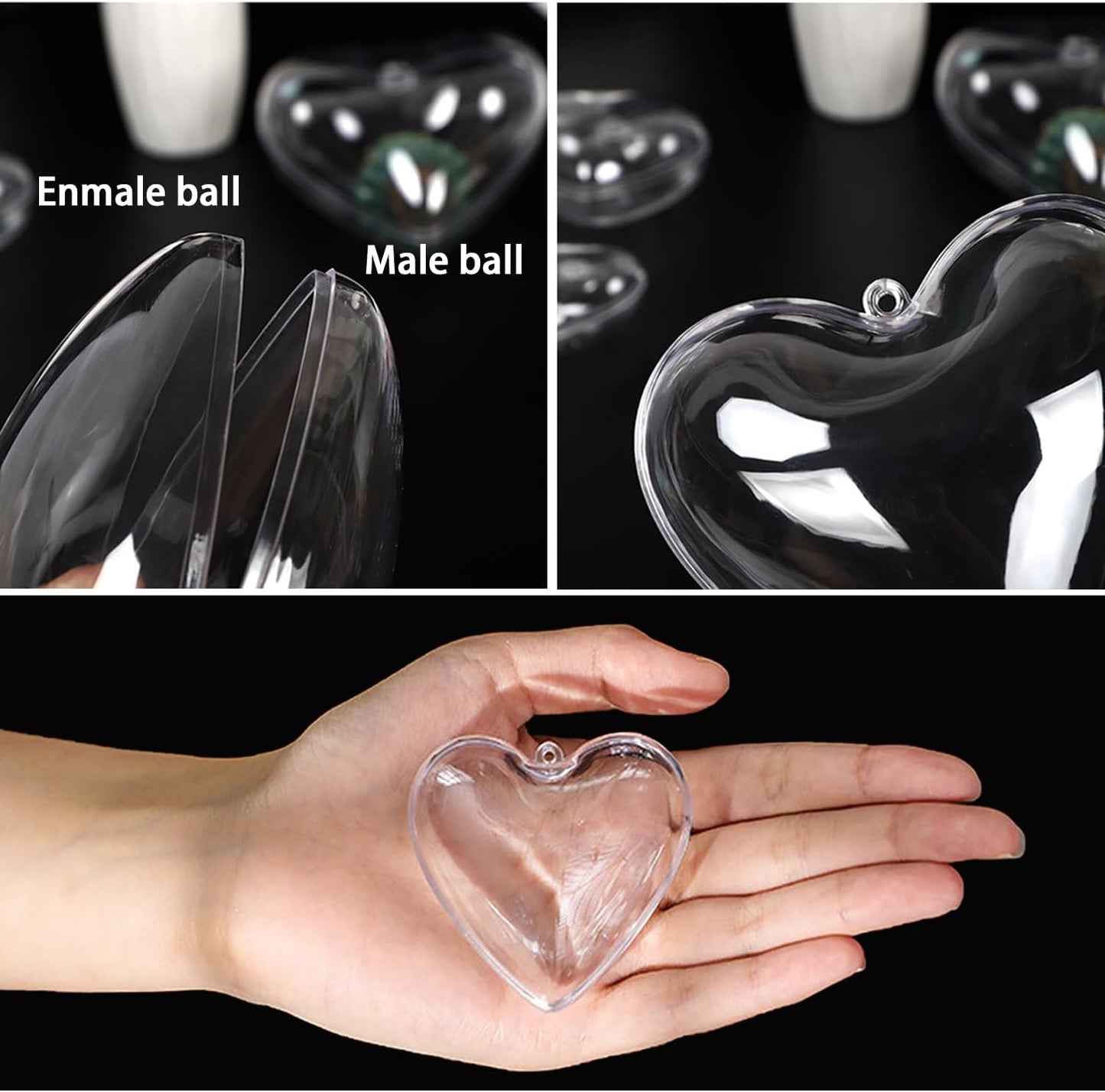 Jishi Clear Plastic Heart Ornaments 10-Pack Christmas Ornament Fillable Balls for DIY Crafts, Christmas Tree Decorations, Wedding Party, Xmas Holiday Home Decor, Open Decorative Hanging Ornaments 65mm