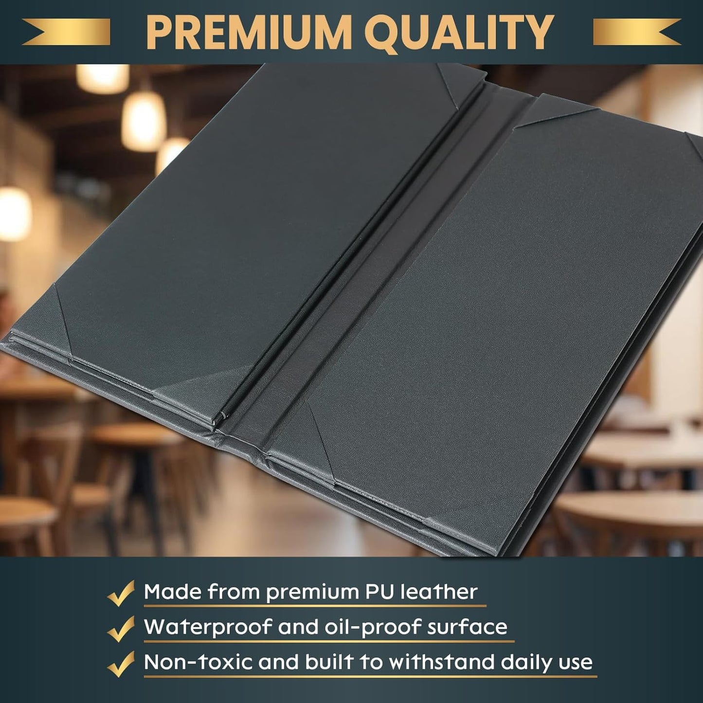 12 Pack 6 View Menu Holder Menu Covers 4.25" x 11" | Black Leather Menu Sleeves Book Style for Restaurant Coffee Bars Wine List