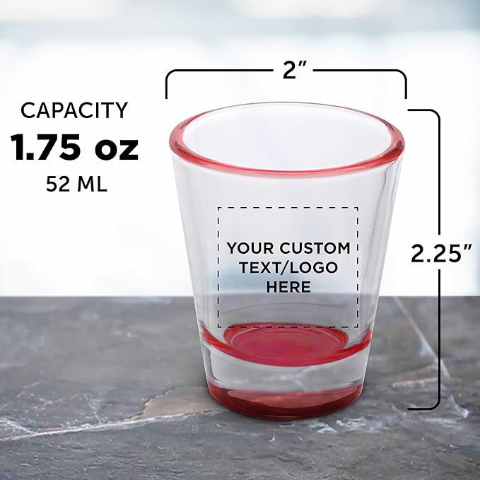 DISCOUNT PROMOS Custom Shot Glasses 1.75 oz. Set of 10/50/100, Personalized Bulk Pack - Great for Wedding Favors, Bachelorette Decorations, Party Favors - Red Bottom Color