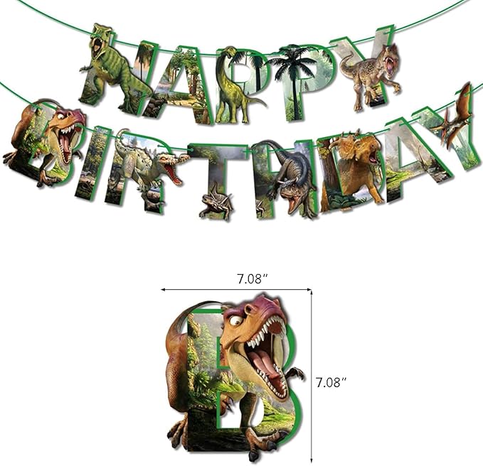 Dinosaur Birthday Decorations – Dino Theme Party Supplies with Happy Birthday Banner, 24 Balloons, 16 Cupcake & Cake Toppers, Ribbons – Dinosaur Balloons & Decorations for Kids