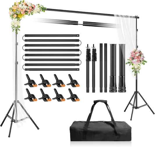 Backdrop Stand 10x6.6ft(WxH), Photo Studio Adjustable Background Stand Support System Kit with 8 Crossbars, 8 Clamps and Carrying Bag for Parties, Wedding, Photography, Decoration