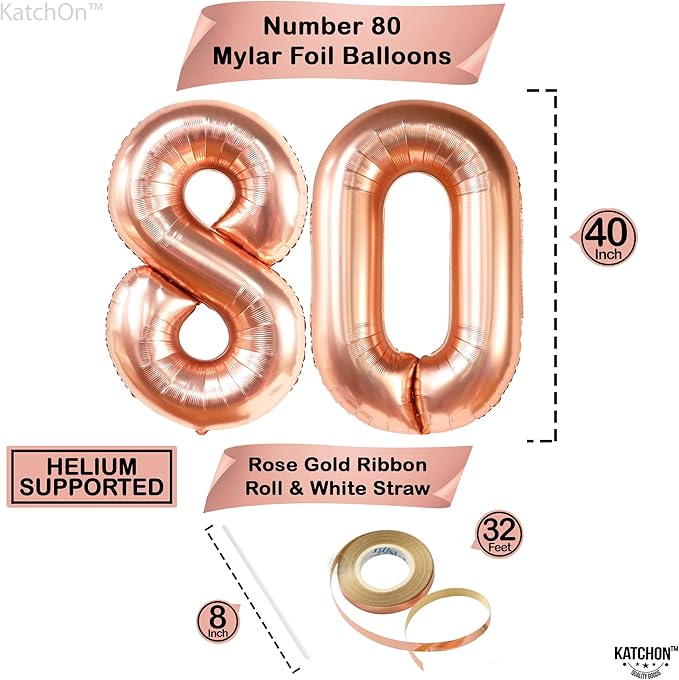 KatchOn, Giant 80th Rose Gold Balloon Numbers - 40 Inch | | Rose Gold 80th Birthday Balloons Set Pack of 12 | Rose Gold for 80 Birthday Decorations for Women, 80 Happy Anniversary Decorations