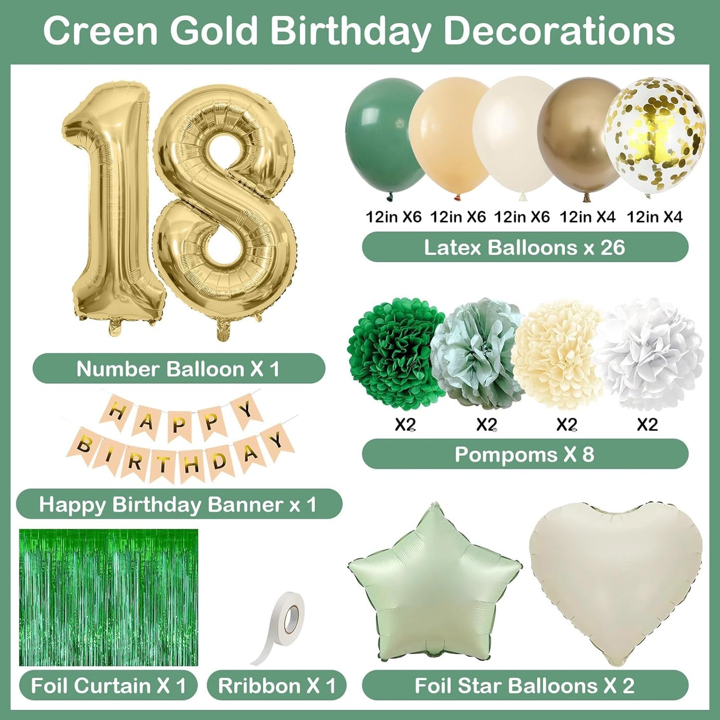 Sage Green 18th Birthday Decorations for Boys Girls Gold Number 18 Balloon Nude Gold Happy Birthday Banner Fringe Curtain Paper Pom Poms Olive Green Cream White Sand Star Foil Balloons Party Decor