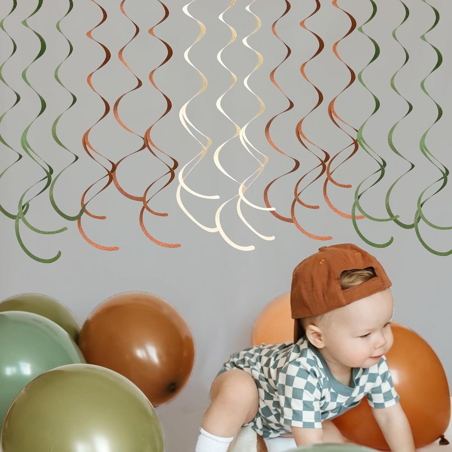 36 Pcs Jungle Hanging Swirl Decorations Sage Green Brown Beige Felt Swirl Streamer Spiral Ceiling Garland for Safari Jungle Woodland Wild One Birthday Neutral Baby Shower Party Decorations Supplies