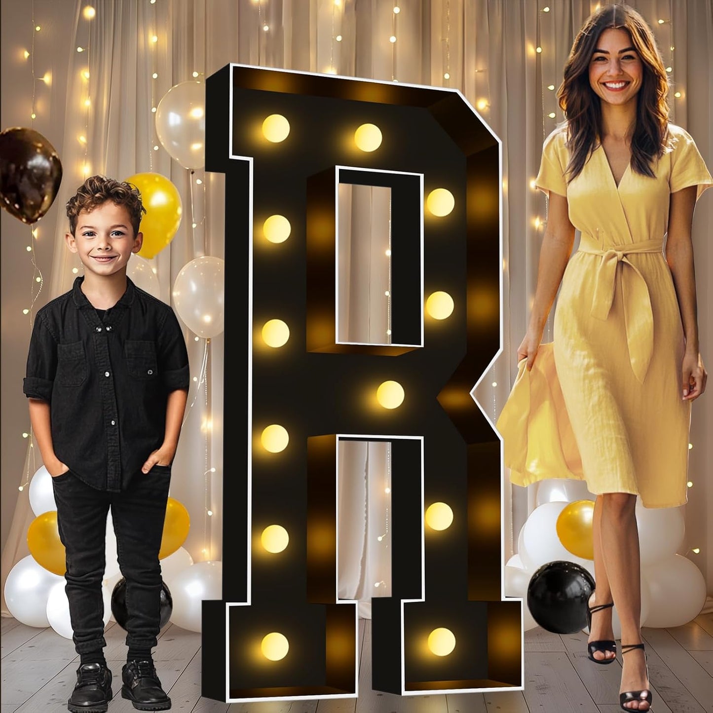 Pooqla 4 FT Marquee Light Up Letters, Black Marquee Letter Lights 4 Feet Tall, Giant Letter Sign Big Mosaic Letters for Balloons Birthday Party Anniversary Wedding Decorations, Warm White Letter R