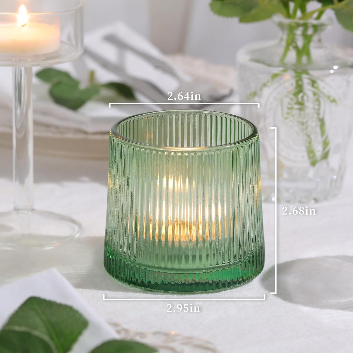 DARJEN Green Ribbed Tealight Votive Candle Holders Set of 10- Votive Candle Holders for Table Centerpiece, Tea Light Candle Holder Glass for Wedding and Home Decor, Green Decor and Gifts
