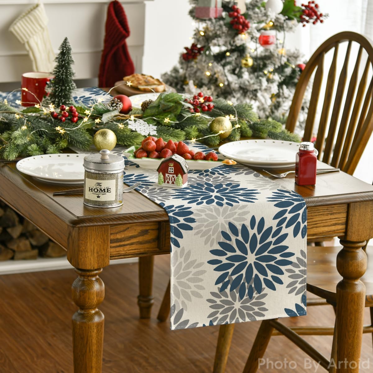 Artoid Mode Dahlia Aqua Floral Pinnata Flower Summer Table Runner, Seasonal Winter Holiday Kitchen Dining Table Decoration for Home Party Decor 13x72 Inch