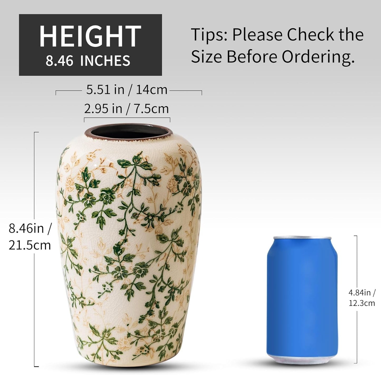 Vintage Pastoral Green and Beige Flower Vase, Ceramic Floral Vases, Retro Ice Cracked Chinoiserie Vase for Home Cottage Core Decor, Bookshelf, Office, Mantel, Wedding Rustic Table Centerpiece 8.5 Inch