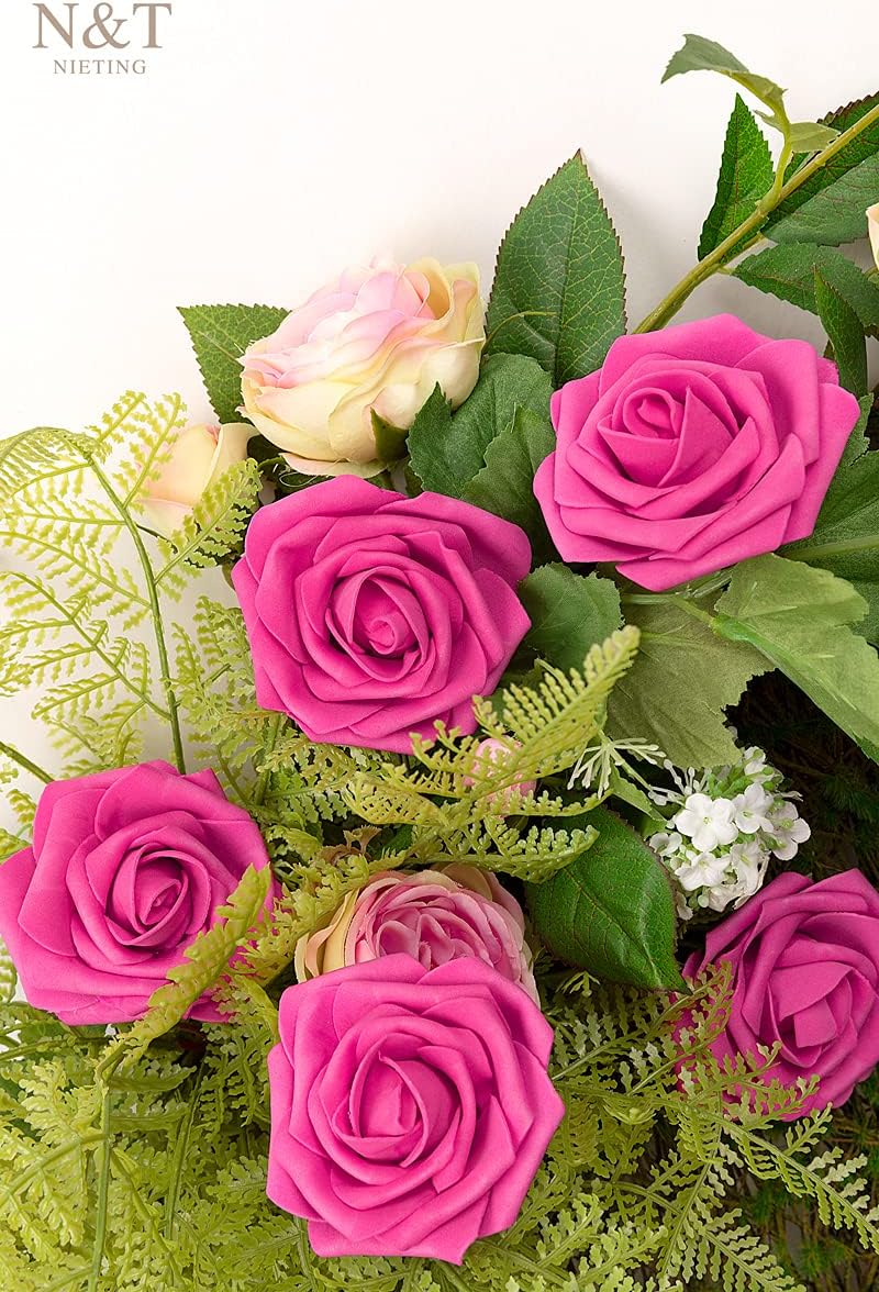 N&T NIETING Artificial Flowers, Foam Roses Perfect for DIY Wedding Bridal Bouquets Centerpieces Bridal Shower Party Home Flower Arrangement Decor 25Pcs, Hot Pink