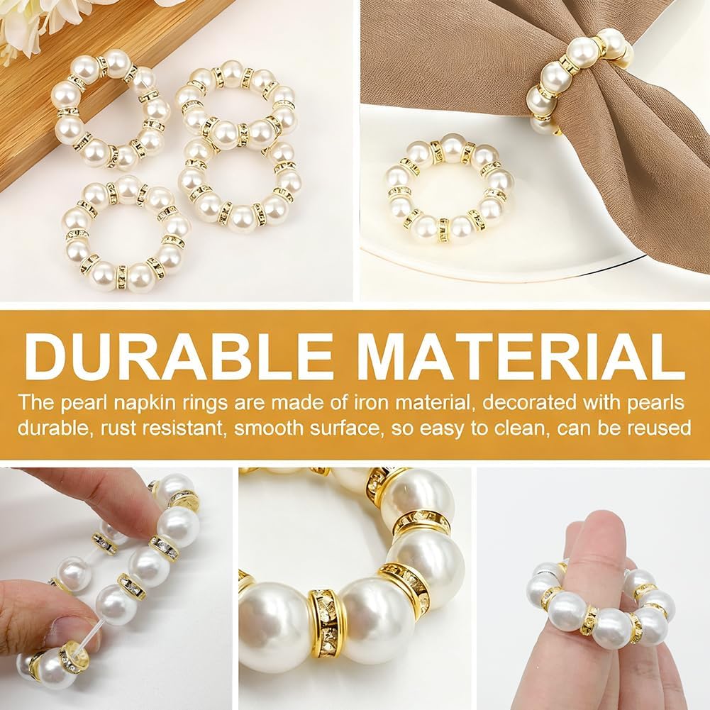 50Pcs Pearl Napkin Rings, Pink Beaded White Silver Round Buckles, Set of 6, Wedding and Formal Dinner Table Decor (50, Gold)