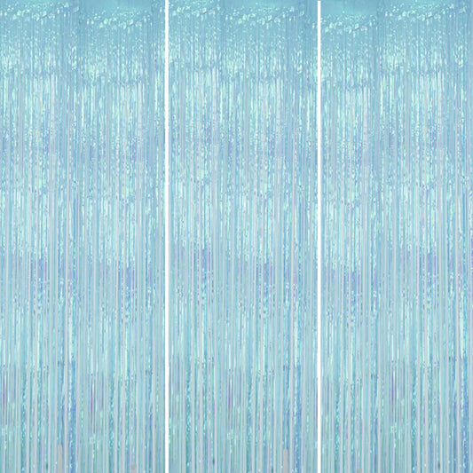 3 Pack Foil Fringe Backdrop - Transparent Blue Shiny Tinsel Curtains for Party Decoration/Photo Booth Props - 3.3x8.2FT Metallic Foil Backdrop for Birthday, Wedding, Graduation, Christmas