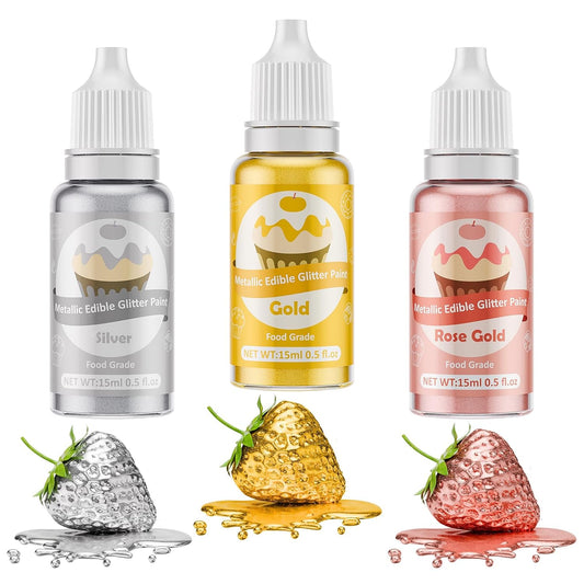 Edible Glitter Paint - 3 Colors Glitter Decorative Cake Paint Metallic Glitter, Food Grade Paint Edible Paint for Cake Decorating, Baking, Candy, Cookie, Chocolate -0.5 fl.oz(15ml)/Bottle (Gold, 3 color)