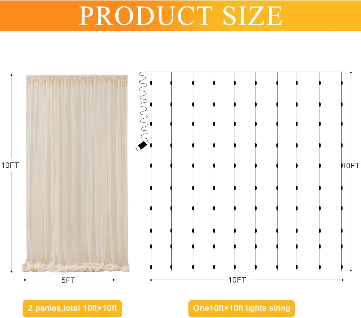 Fomcet Champagne Tulle Backdrop Curtains with Lights String 10FT X 10FT Sheer Curtain with Lights Tulle Curtains Backdrop for Wedding Birthday Party Photo Shoot (2 Panels 5x10FT)