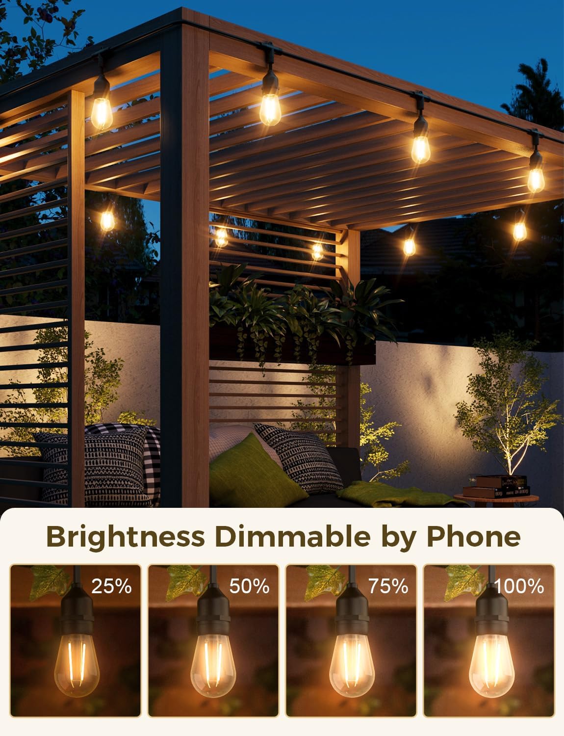 XMCOSY+ Smart Outdoor String Lights, 123Ft LED Patio Lights Waterproof IP65, App Control, Compatible with Alexa, Dimmable Edison Bulbs Outdoor Light for Yard Porch Bistro Outside
