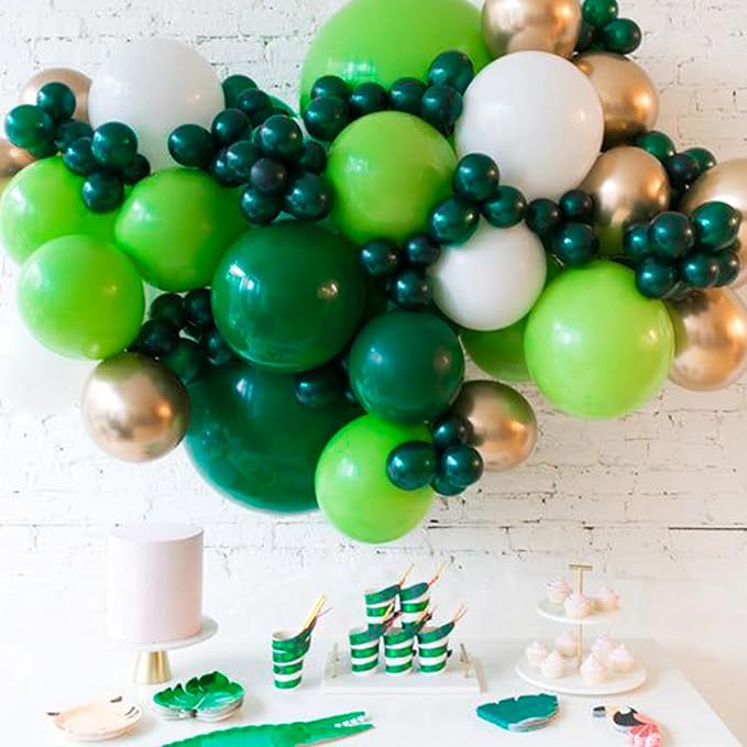 PartyWoo Green Balloons 65pcs 12 Inch Light Lime Dark Emerald Hunter Forest Metallic Green Gold Confetti Balloons for Baby Shower Wedding Engagement Jungle Woodland Birthday Party Decorations
