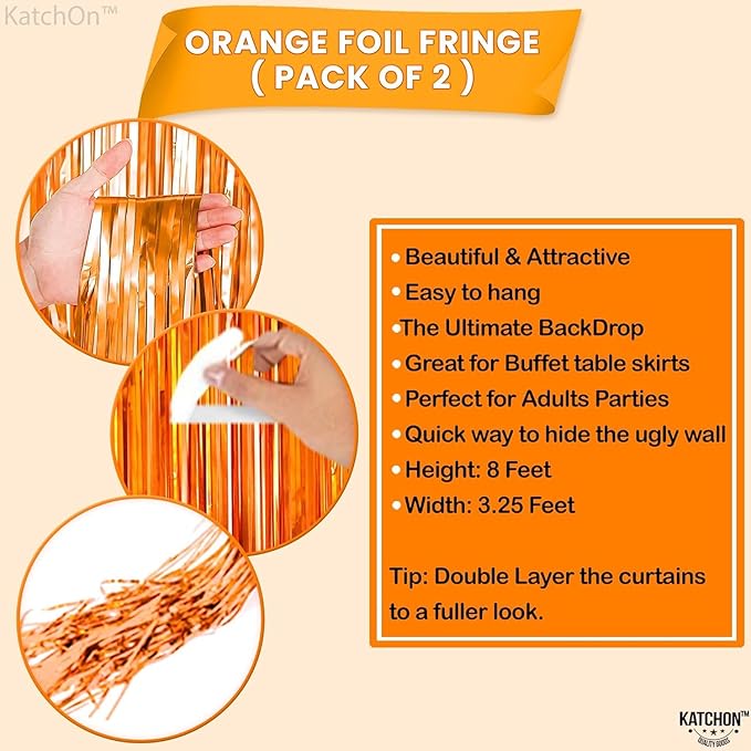 KatchOn, XtraLarge Orange Fringe Backdrop Curtain - 3.2x8 Feet, Pack of 2 | Orange Streamers for Christmas Decorations | Basketball Party Decorations, Birthday Decorations |