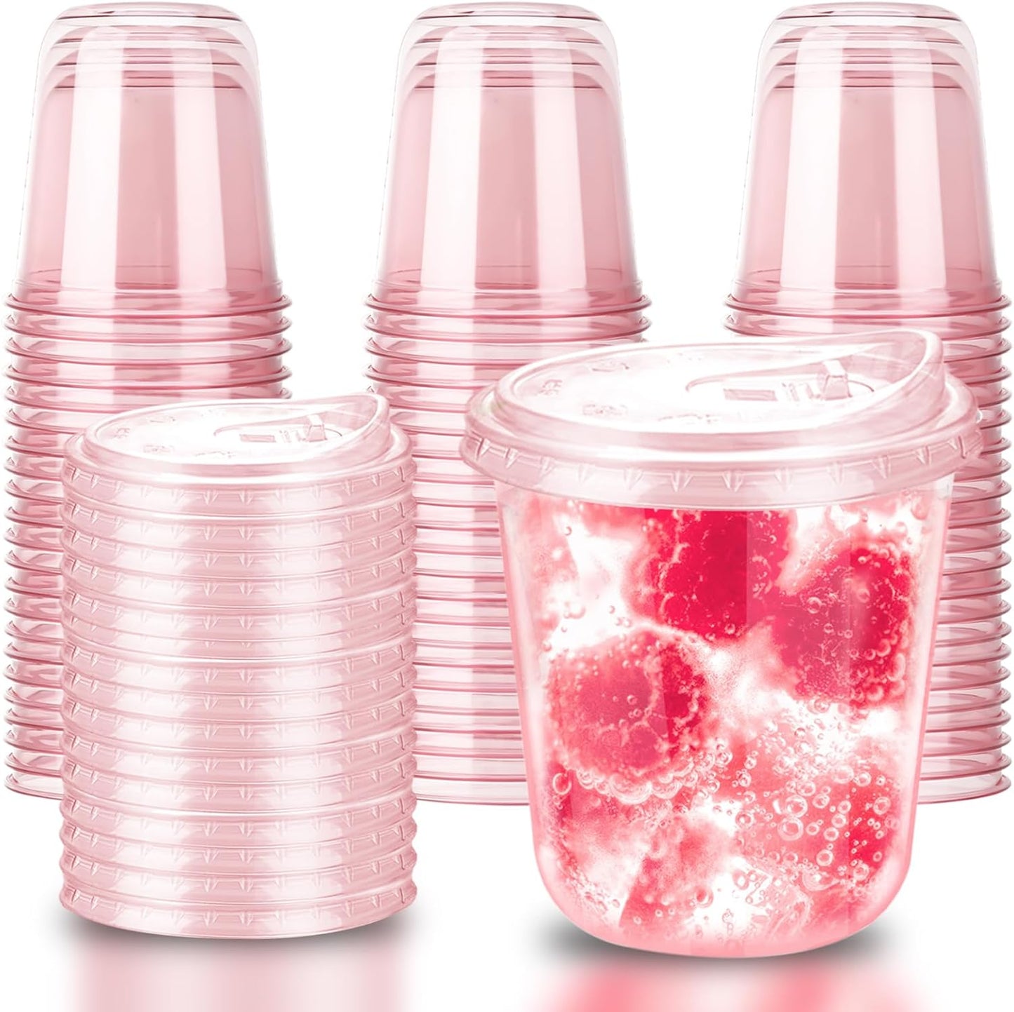 12oz Disposable Stemless Glasses With Strawless Sip Lids,PET Disposable Drinking Cups,Clear Plastic Wine Glasses for Parties Birthday,Wedding,Meeting,Christmas Party Supplies. (50, Pink)