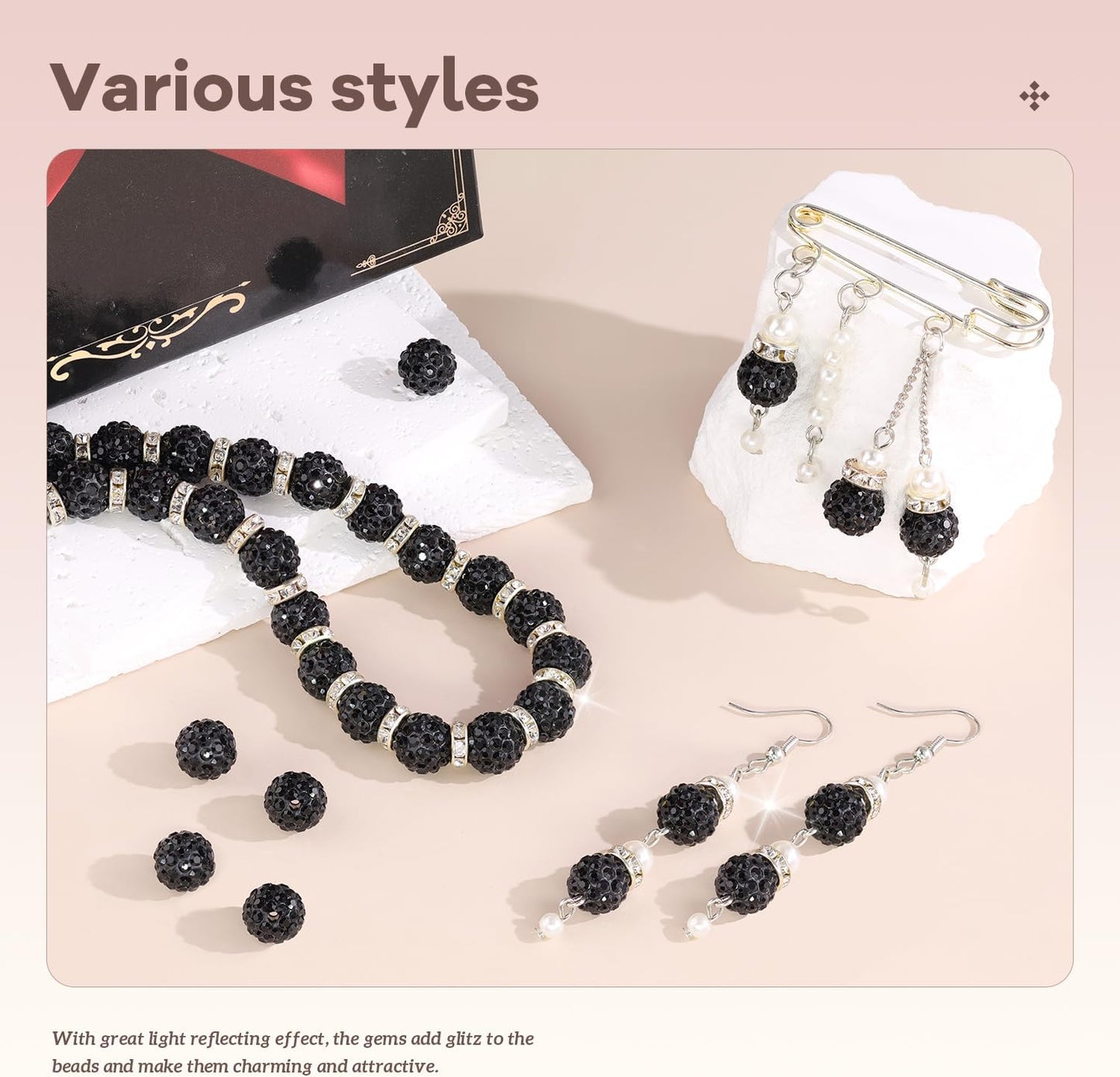 200pcs 10mm Rhinestone Beads for Jewelry Making, Black Shiny Round Disco Ball Beads Bulk, Sparkle Crystal Clay Christmas for Bracelet Baseball Necklace Earring Crafting and DIY