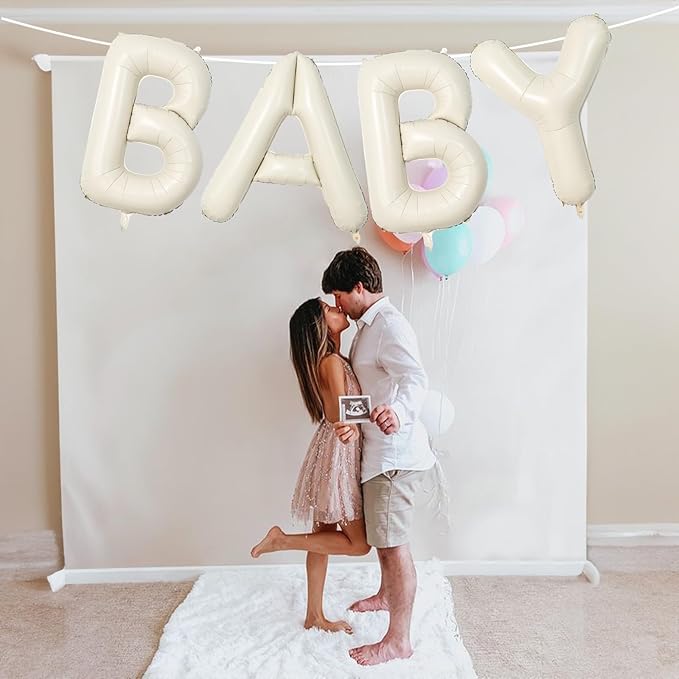 40 Inch Beige BABY Balloon for Baby Shower, Large Cream White Baby Foil Balloons Letters with Ribbon, Neutral Ivory Alphabet Baby Mylar Balloon Banner Sign for Gender Reveal Backdrop Party Decorations
