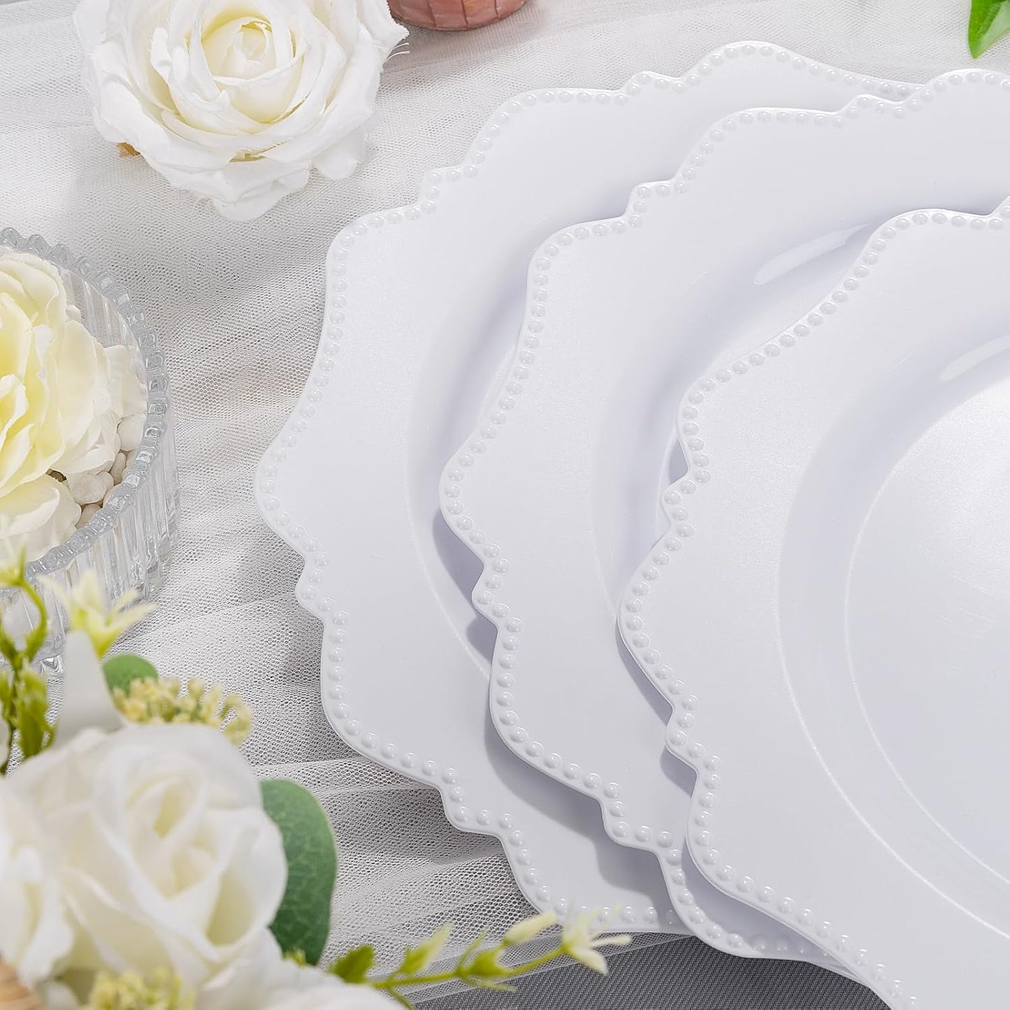 COLOSUS 100pcs 9.5 Inch-White Plastic Dinner Plates, Fancy White Plastic Plates,Heavy Duty Disposable Dinner Plates for Party Wedding and Everyday Use