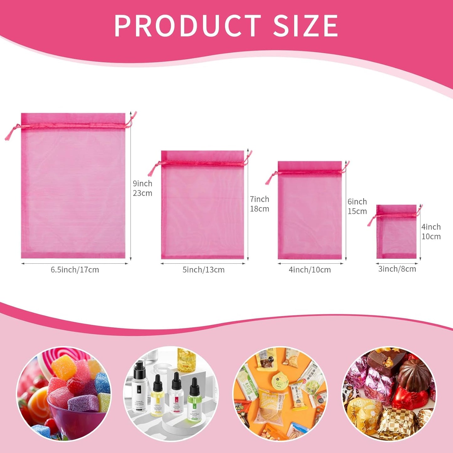 50 Pcs Hot Pink Organza Bags, 3x4 Inch Small Mesh Bags Drawstring Jewelry Pouch Gift Bag Goodie Bag for Wedding Party Favor