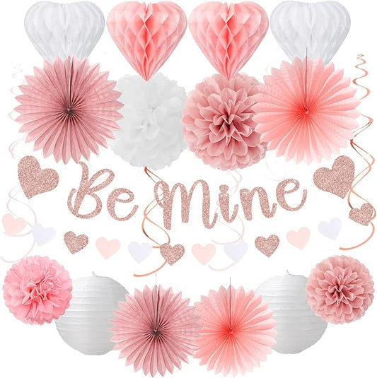 Blush-Light Pink Valentines-Day Galentines Party-Decorations - 22pcs Rose Gold Be Mine Love Banner,White Paper Lanterns Honeycomb Balls,Tissue Pom Poms Flowers Fans,Happy Anniversary Decor Hugmoon