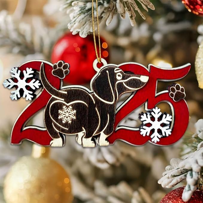 Black Dachshund 2025 Christmas Ornament – Cute Wooden Dog Tree Decoration with Snowflakes & Paw Prints for Dachshund Lovers, Pet Owner Christmas Décor