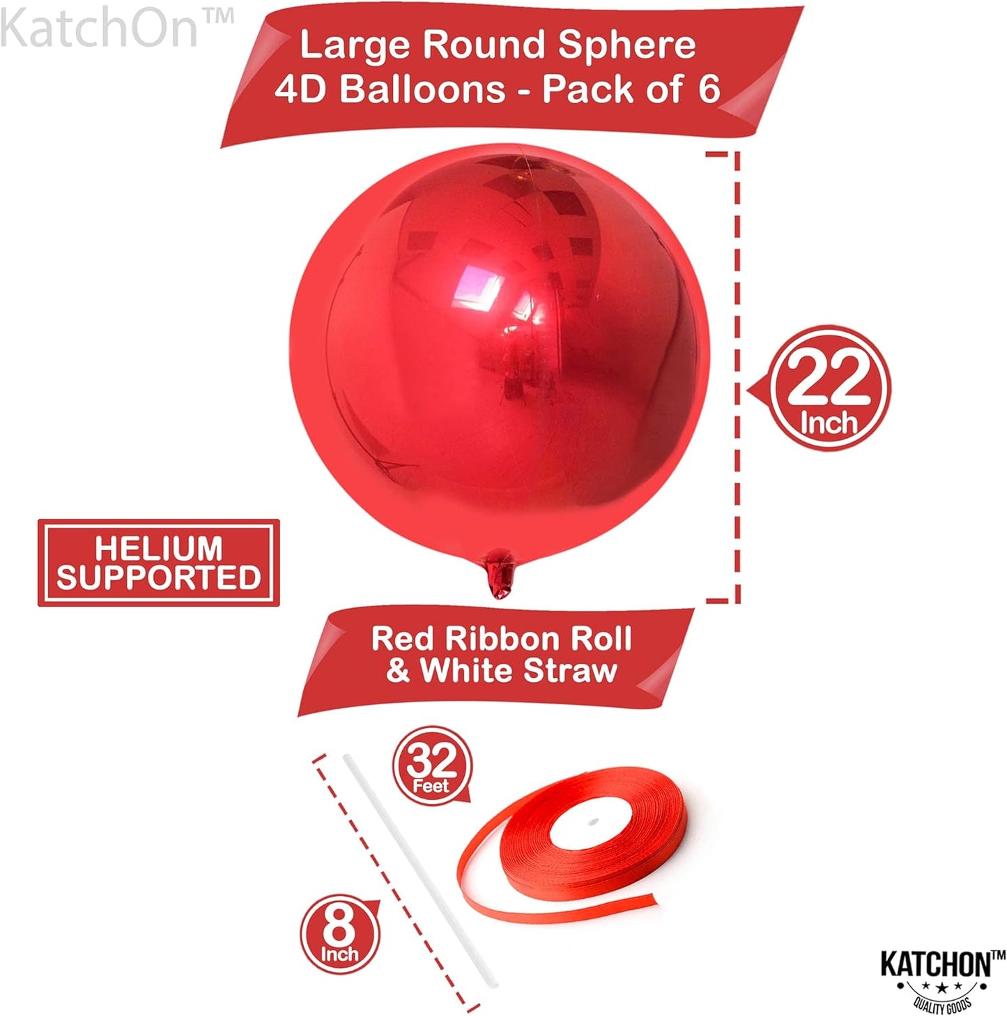 KatchOn, Red Foil Balloons - Big 22 Inch, Pack of 6 | 4D Sphere Metallic Red Balloons for Happy Birthday Decorations, Carnival Decoration, Wedding Decoration, Anniversary Decorations