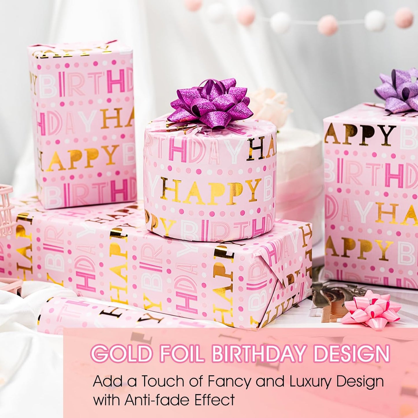 Yarcony Girl Birthday Wrapping Paper Roll, Pink and Gold Wrapping Paper, Gold Foil Girly Happy Birthday Lettering Design Pink Gift Wrap for Girls Women, Baby Shower, Christmas(17 Inch X 33 Feet)