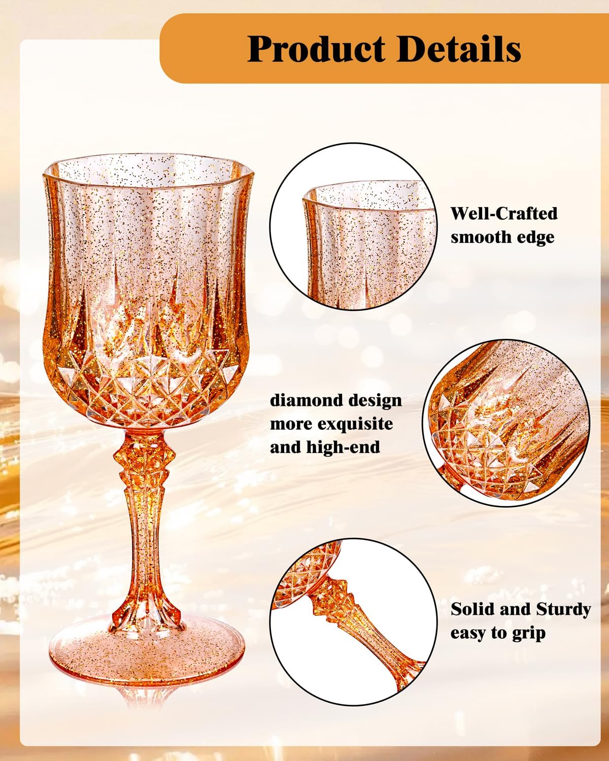 Ciaell 24PCS Rose Gold with Glitter Plastic Wine Glasses - 7 Oz Vintage Drinking Glasses with Rose Gold Glitter - Disposable Water Goblets Set for Party Wedding, Bar, Wine, Beer & Thanksgiving