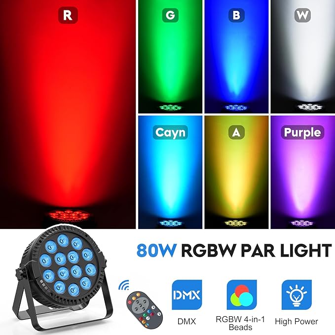 RGBW 4-in-1 Stage Lights, 80W LED Par Lights with DMX512/Remote/Sound Acitvated Control, Uplights for Events, Wedding, Parties, Dance, Stage - 4Packs