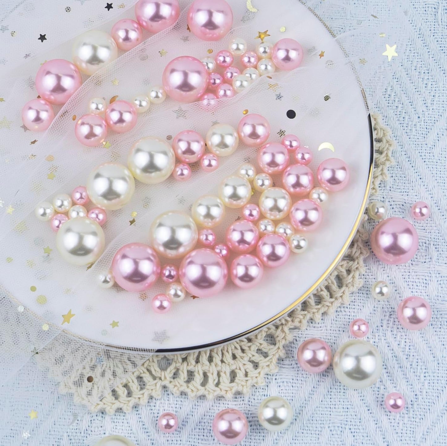 150Pcs Cream&Pink Polished No Hole Faux Pearl Beads for Vase Filling Decorations, Plastic Pearls Vase Fillers, Table Scatters, Wedding Centerpiece, Home Decor, 8/14/20 mm