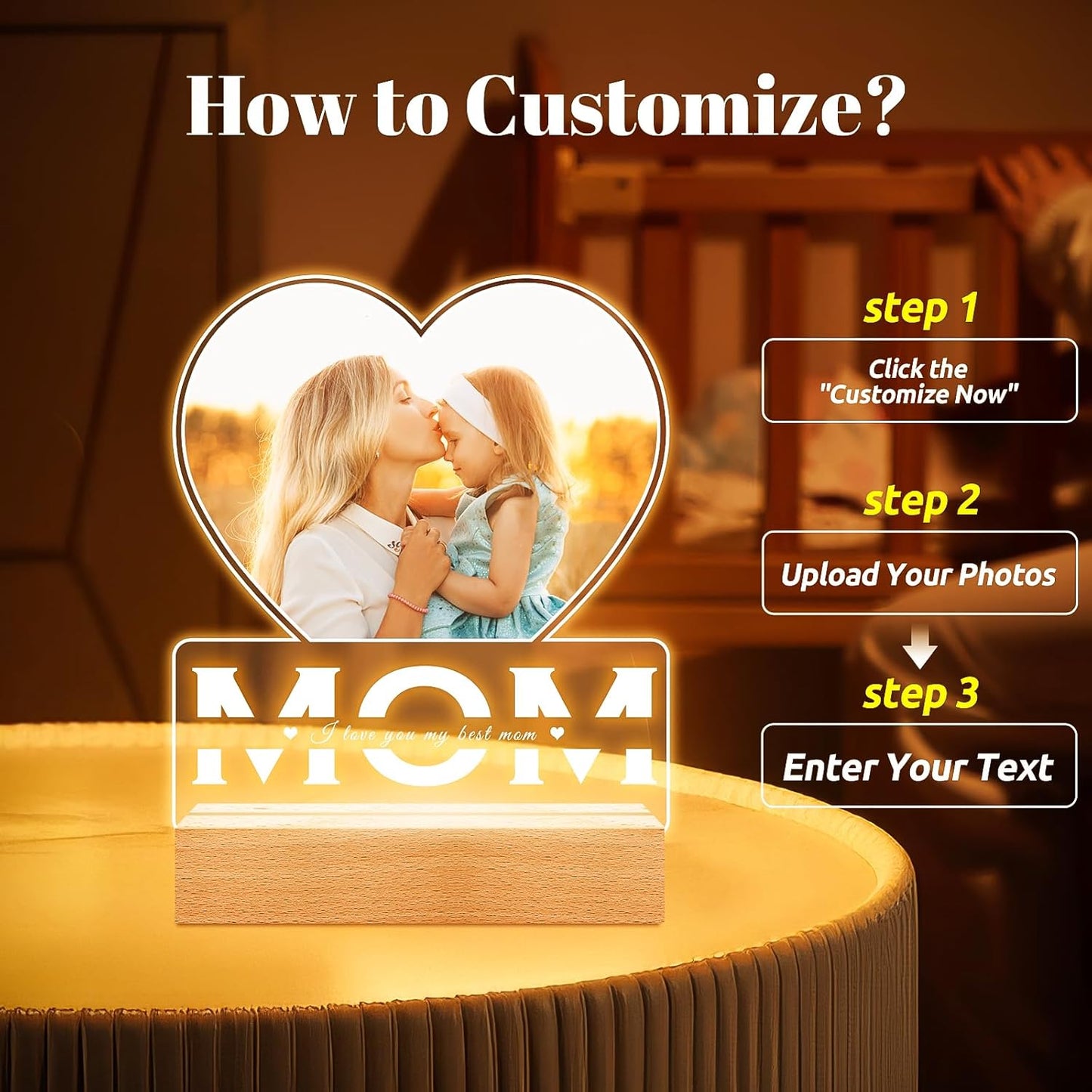 Personalized Gifts for Mom from Daughter and Son, Custom Picture Frames with Photo, Custom Photo Frame with Night Light, Customized Heart Picture Frame, Personalized Mom Birthday Gifts