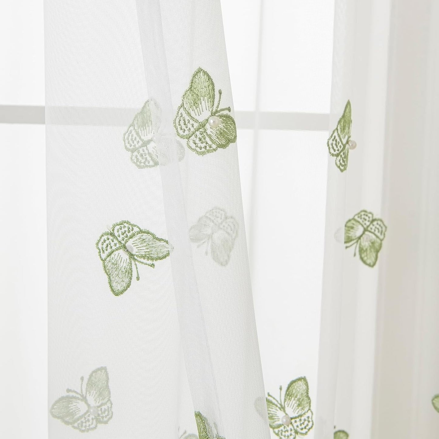 VISIONTEX White Sheer Voile Curtains, Decorative Green Embossed Butterflies Rod Pocket Window Drapes for Home Kitchen, Living Room and Bedroom 54 x 84 Inch, Set of 2 Curtain Panels