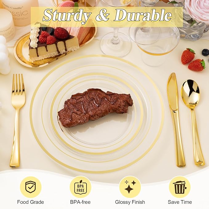 BESTSTAR 100PCS Clear Gold Plastic Plates Set, 50 10.25 inch Dinner Plates and 50 7.5 inch Dessert Plates, Disposable Plates for Party, Wedding