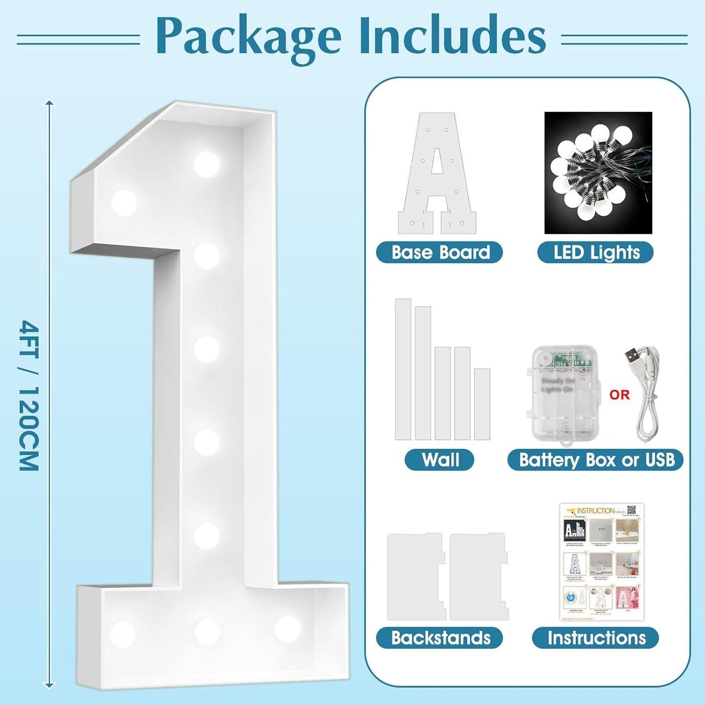 Ledido 4FT Marquee Light Up Numbers, Cool White Light Up Numbers Large Marquee Numbers for Party Decorations,1st 10th Birthday Anniversary Decor, Number 1