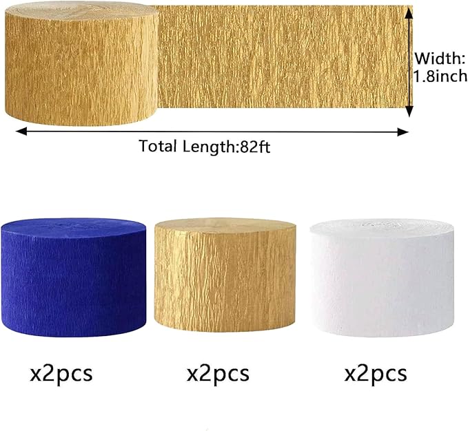 We Moment Navy Blue Gold White Crepe Paper Streamers Party Streamer 1.8 Inch Widening 6 Rolls,Royal Blue Gold Party Decorations Streamer 82 feet per roll for Graduation Boy Birthday Party Decorations