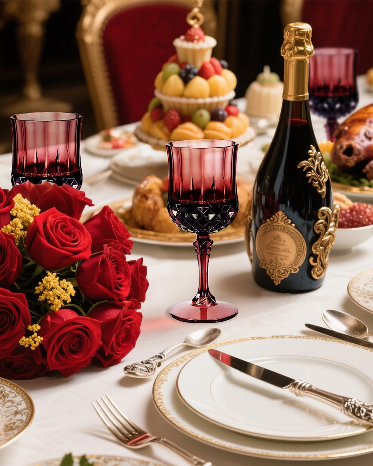 Ciaell 24PCS Burgundy Plastic Wine Glasses - 7 Oz Plastic Goblets for Party - Burgundy Vintage Drinking Glasses - Disposable Water Goblets Set for Wedding, Bar, Wine, Beer, Juice & Christmas