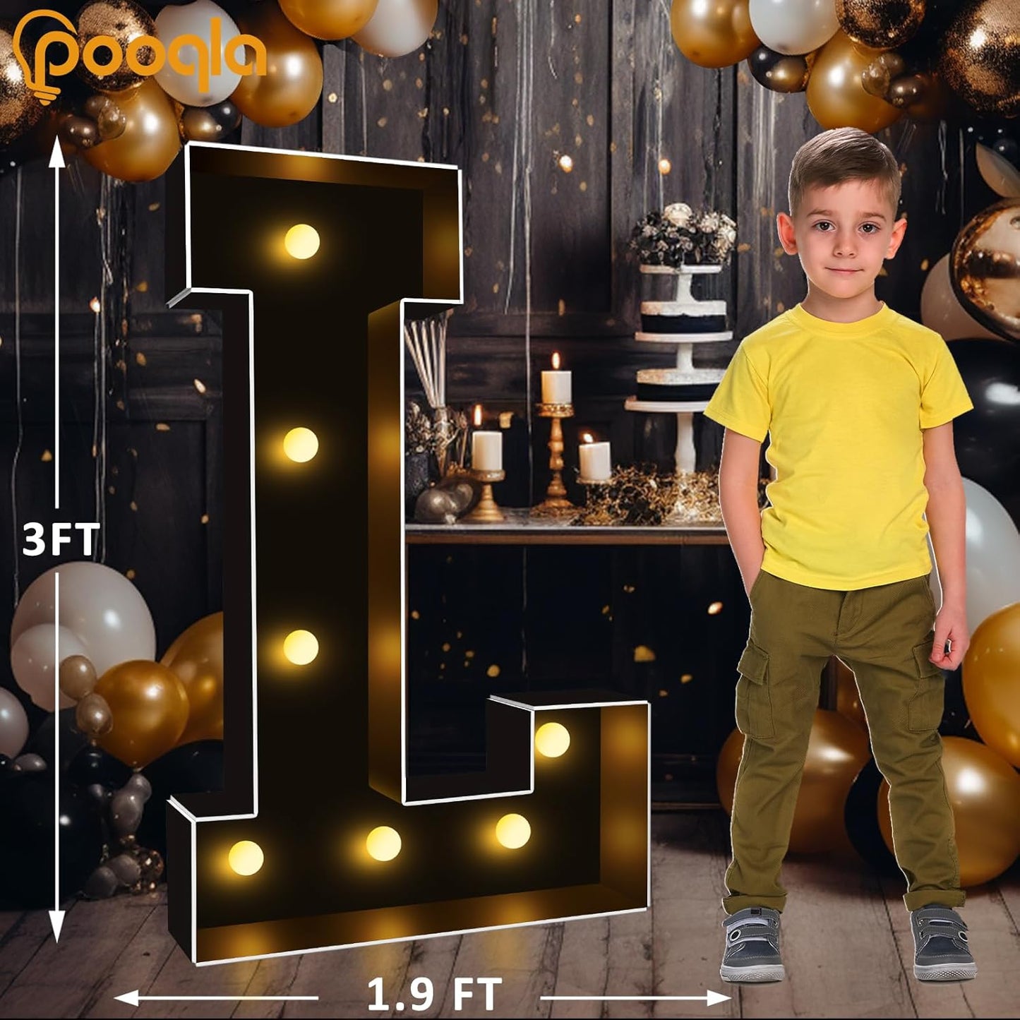 Pooqla 3 FT Marquee Light Up Letters, Black Marquee Letter Lights 3 Feet Tall, Giant LED Sign Big Mosaic Letters for Balloons Birthday Party Anniversary Wedding Decorations, Warm White L