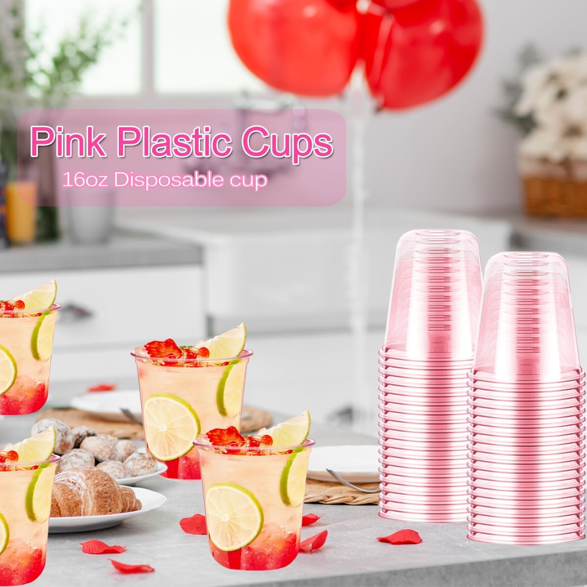 50Pcs Disposable Plastic Stemless Glasses,12oz Plastic Drinking Cups Wine Glasses for Cocktail Martini Party Cups for Birthday,Wedding,Meeting,Valentines,Christmas Holiday Party (50, Pink)