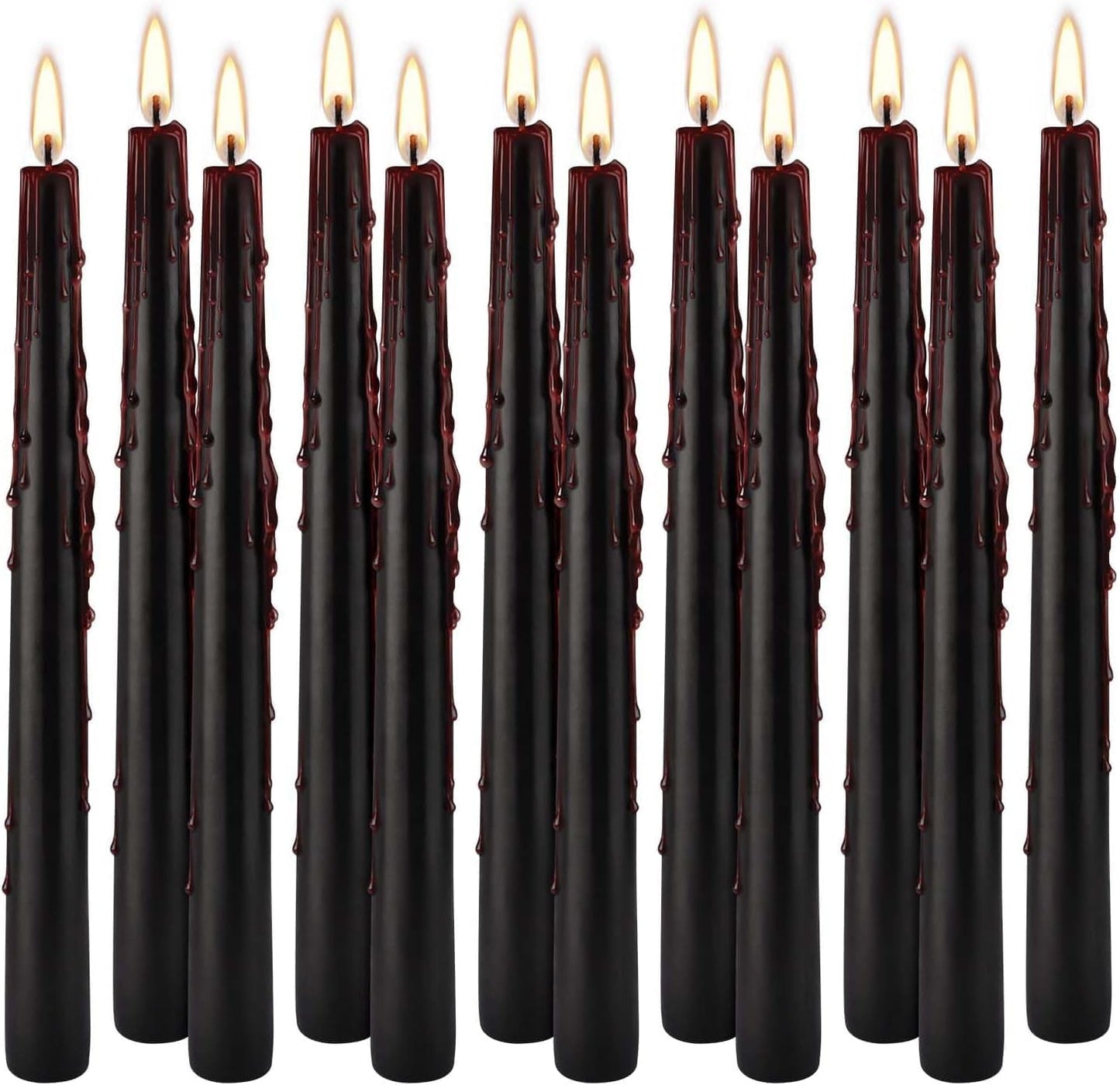 12PCS 10-Inch Black Bleeding Taper Candles,Vampire Tears Taper Candles- Unscented Candle Pack Ideal for Halloween, Christmas, Rituals, and Themed Party Decor.