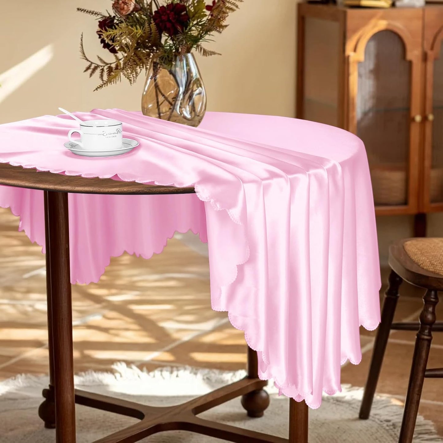 KKJIAF 1 Pack Round Table Cloths 90 Inch, Light Pink Overlay Round Satin Table Cover, Silky Satin Dining Tablecloths for Wedding Buffet Parties Banquet Decoration