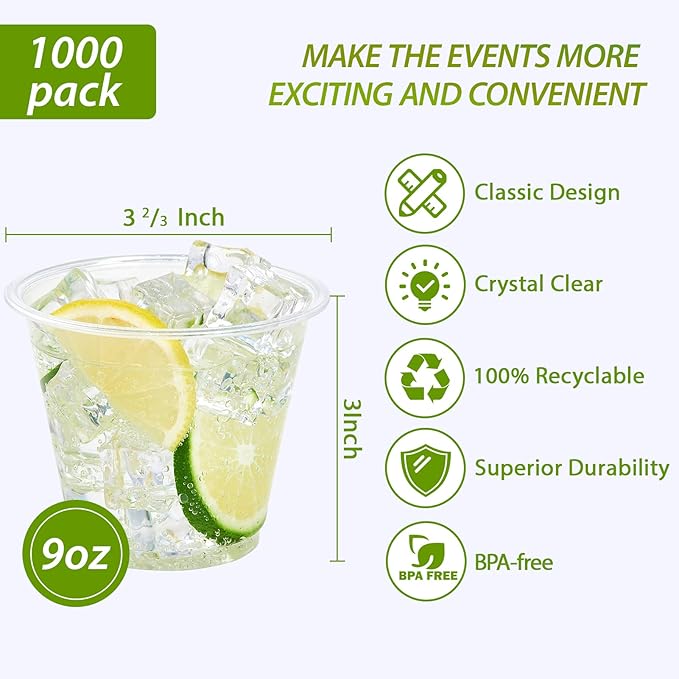 Lilymicky 1000 Pack 9 oz Clear Plastic Cups, 9 Ounce Disposable Plastic Drinking Cups, Crystal Clear, for Parties, Ceremonies, Events