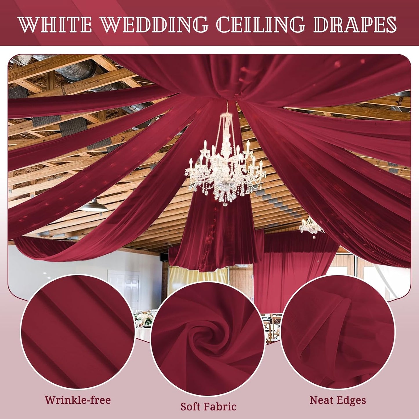6 Panels Burgundy Ceiling Drapes for Wedding 5ftx30ft Chiffon Fabric Arch Draping Curtains Sheer Drapery for Party Ceremony Birthday Baby Shower Reception Stage Swag Ceiling Decorations
