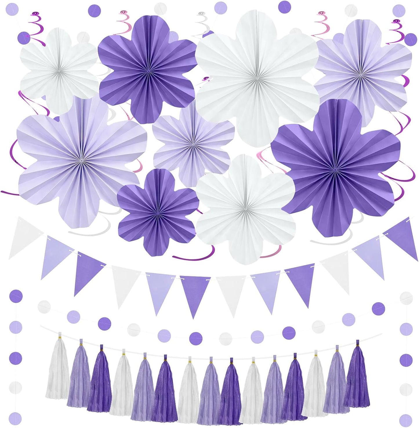 Lavender Birthday Party Decorations - Purple White Party Decorations with Hanging Paper Flowers,Tassel Garland and Swirls for Women Girl, Baby Showers Wedding Bachelorette Party Supplies