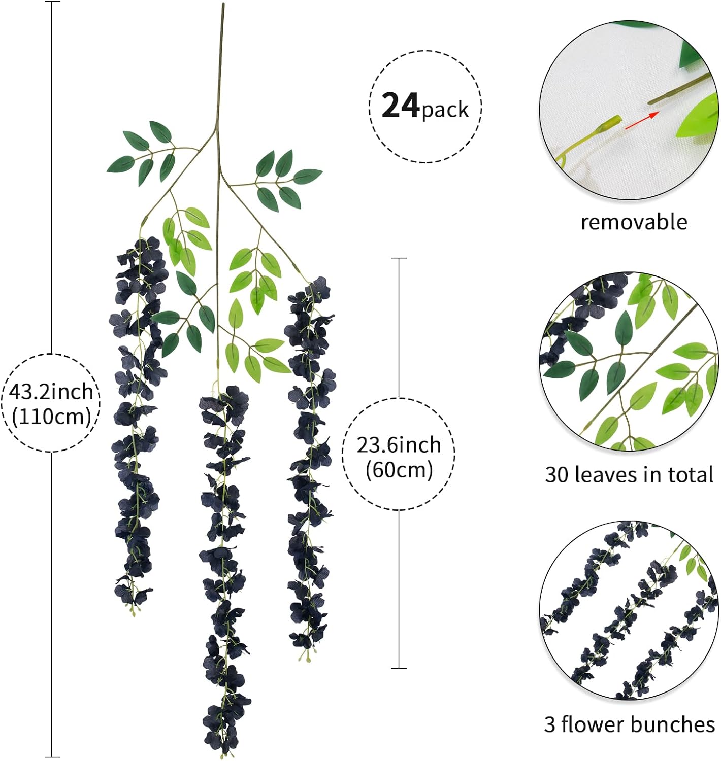 24 Pack Artificial Wisteria Flower Fake Silk Flowers String Vine Ratta Hanging Garland for Home Garden Party Wedding Backdrop Arch Decor (Black)