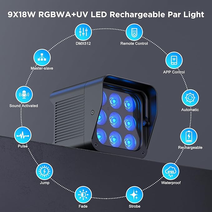Rechargeable Battery Powered Uplights Waterproof 9X18W LED Par Lights RGBWA+UV 6in1 Full Color APP DMX Stage Uplighting for Event Wedding Party DJ Show Church Halloween Christmas (8 Packs)